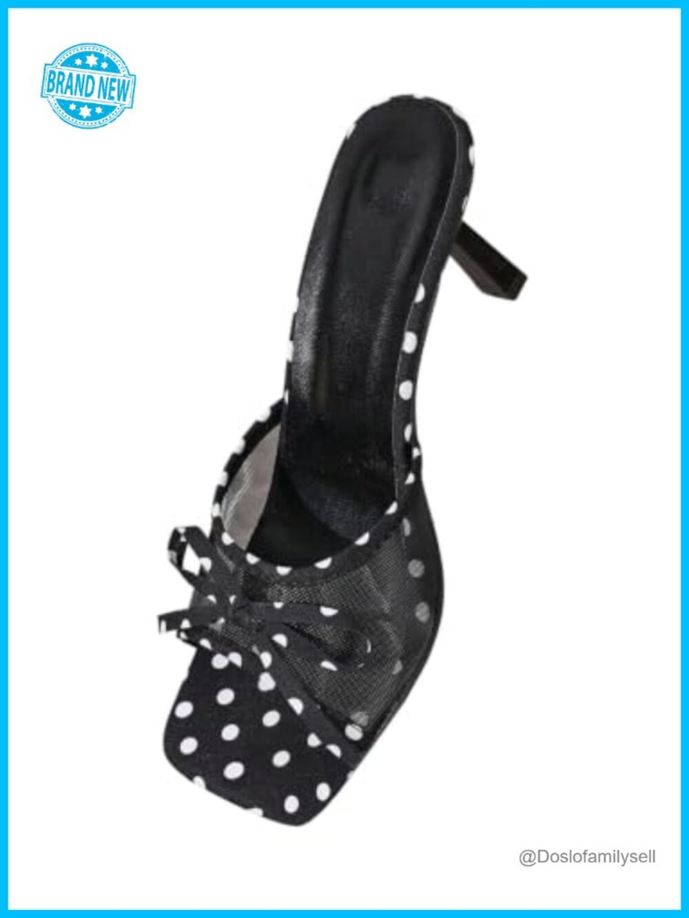 Mesh Polka Dot Square Toe Slip On Mules Kitten Heel Summer Party Dress Shoes